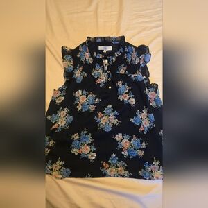 LOFT Navy Floral Ruffle Blouse